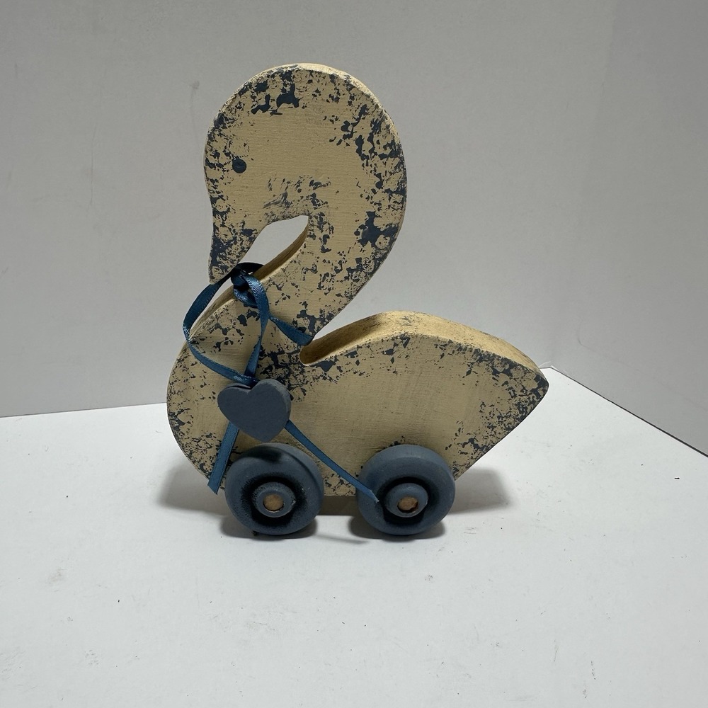 Vintage Blue And White Wooden Sawn‎ On Wheels 5.5" Decorative Piece